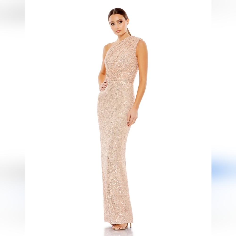 Mac Duggal Sequined Ruched One Shoulder Gown